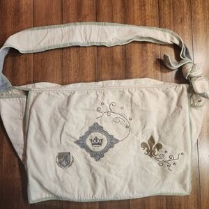 Vintage Old Navy Canvas Messenger Bag Crown Fleur de Lis Embroidery Khaki Gray